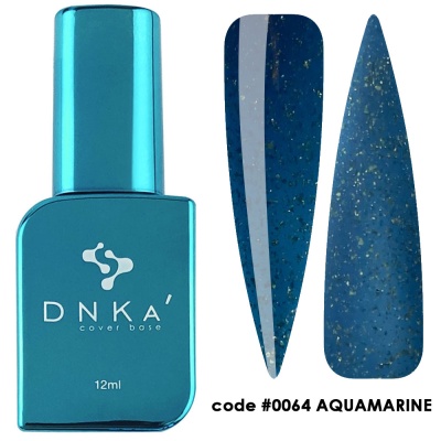 Frasco de verniz de unhas DNKA cover base azul turquesa com amostras em azul escuro com partículas douradas