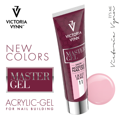 Tubo roxo de gel acrílico para unhas Victoria Vynn Master Gel Light Rose nº11 com círculo rosa claro ao lado