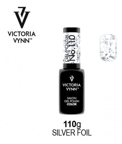 Frasco verniz gel preto VICTORIA VYNN No.110 com amostra verniz branco prateado