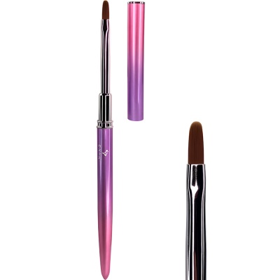 Pincel de maquilhagem com cabo rosa e roxo, cerdas marrons e tampa metálica