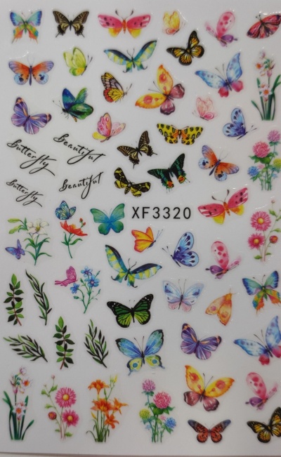 Folha de autocolantes com borboletas coloridas, flores e texto XF3320