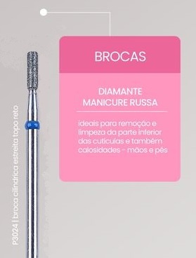 Broca de metal para manicure com revestimento diamantado e texto explicativo