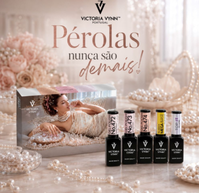 Conjunto de vernizes Victoria Vynn com número e nome, decorado com pérolas e imagem de mulher com pérolas