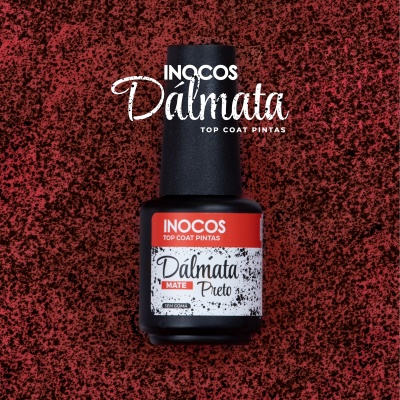 Frasco de verniz para unhas INOCOS Dálmata preto mate sobre fundo vermelho e preto