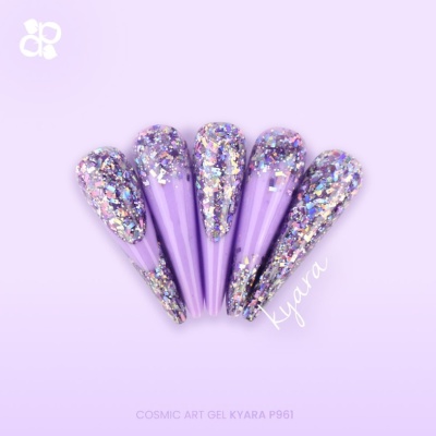 Unhas postiças roxas com brilhos holográficos em fundo lilás.