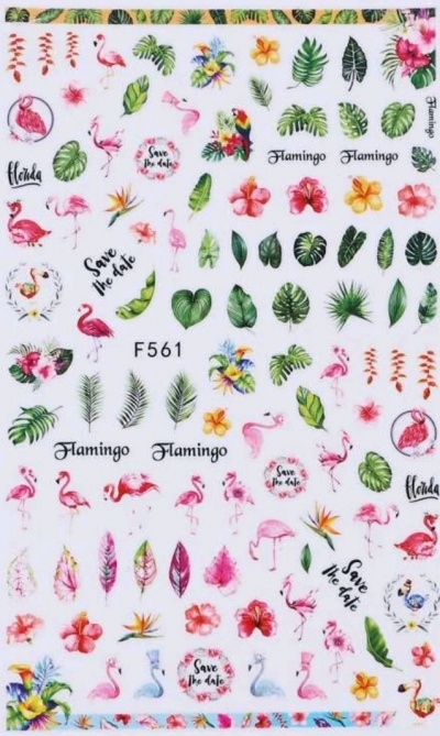 Folha de autocolantes para unhas com flamingos, folhas e flores tropicais e textos