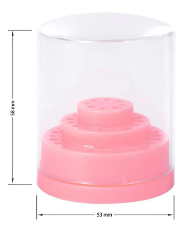 Suporte rosa para escovas de dentes com tampa transparente e medidas mostradas