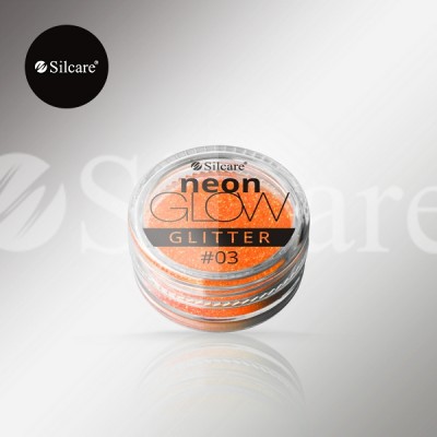 Recipiente pequeno com glitter laranja neon e rótulo Silcare neon GLOW GLITTER #03