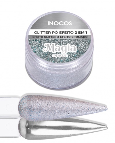 Pó de glitter prateado, pote com tampa cinza e amostras de unhas prateadas glitter e cromadas
