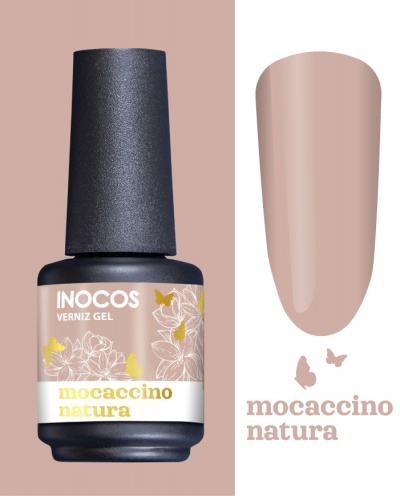 Verniz gel INOCOS mocaccino natura com rótulo floral e amostra de cor