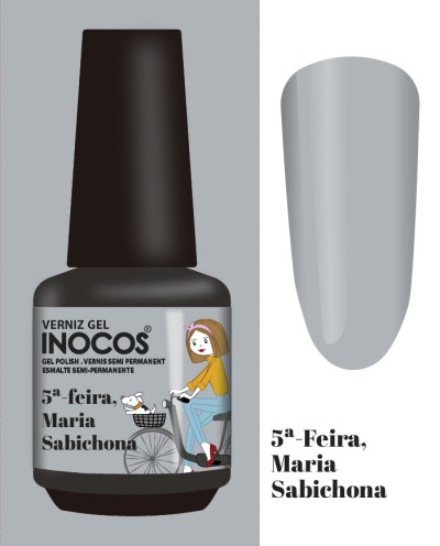 Frasco de verniz gel cinzento INOCOS com etiqueta ilustrada e amostra da cor.