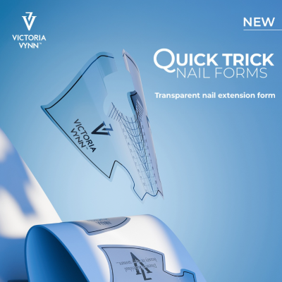 Formas transparentes para extensão de unhas da VICTORIA VYNN em fundo azul com texto promocional.