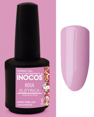 Frasco de verniz gel semi-permanente INOCOS cor rosa elétrica com amostra da cor e fundo rosa.