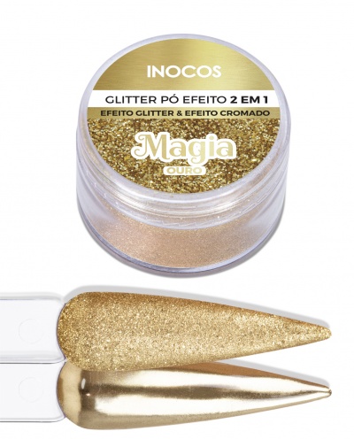 Pó de glitter dourado INOCOS com embalagem redonda e amostras de aplicação dourada