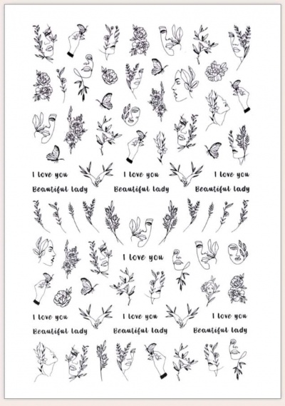 Desenhos a preto de flores e rostos com os textos 'I love you' e 'Beautiful lady' numa folha branca