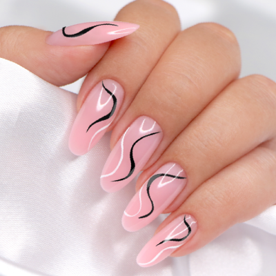 Unhas almendradas rosa com linhas onduladas pretas e brancas