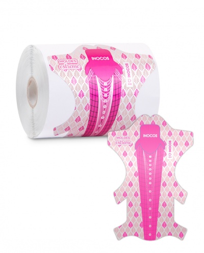 Rolo de moldes para unhas rosa e branco com texto INOCOS e MOLDES extreme