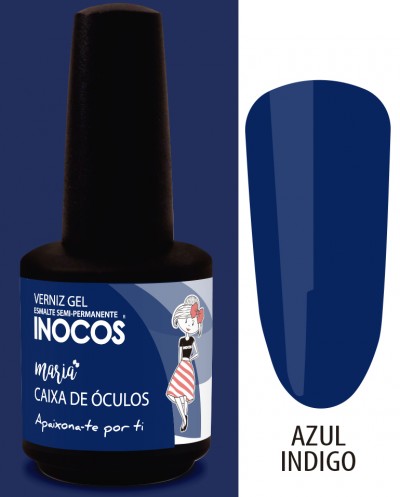 Frasco de verniz gel azul índigo Inocos com rótulo e ilustração