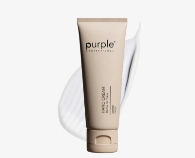 Frasco bege de creme para as mãos Purple Professional com texto, sobre fundo branco.
