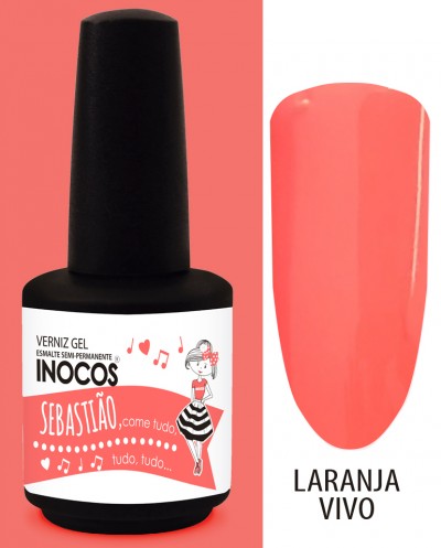 Frasco de verniz gel semi-permanente INOCOS com amostra cor laranja vivo