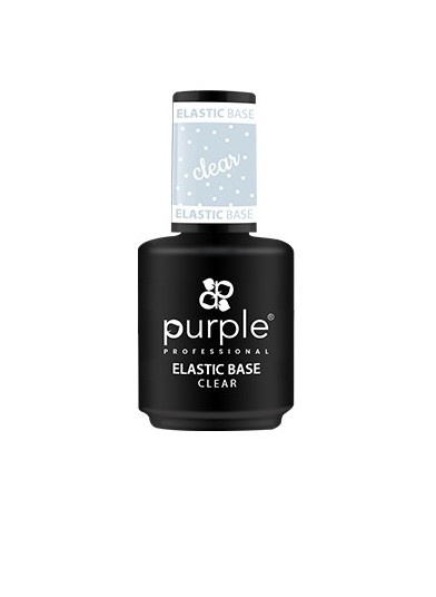 Frasco preto de verniz Purple Elastic Base Clear com tampa branca e azul