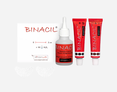 Produtos BINACIL com frasco, tubos e acessórios em fundo branco