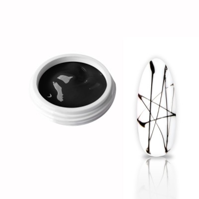 Gel preto em embalagem branca com unha branca decorada com linhas finas pretas