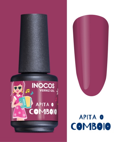 Frasco de verniz gel INOCOS cor rosa-púrpura com tampa preta e rótulo ilustrado