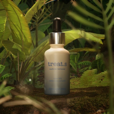 Frasco branco treat.s cuticle remover com conta-gotas em ambiente natural com plantas verdes