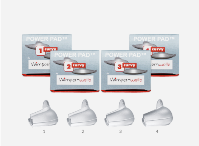 Quatro Power Pads para cílios Wimpernwelle, numerados 1 a 4, em embalagens cinza.