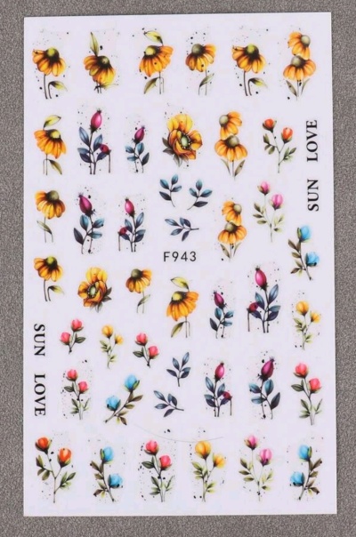 Folha branca com autocolantes florais coloridos e textos SUN LOVE e F943