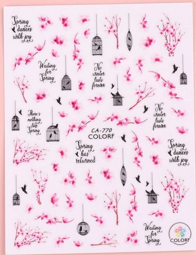 Adesivos decorativos com flores cor-de-rosa, gaiolas, pássaros e texto em inglês