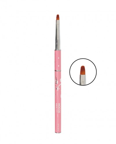 Pincel de maquilhagem rosa com cerdas castanhas e texto branco