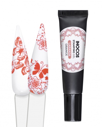 Gel para carimbagem de unhas Inocos laranja e amostras de unhas decoradas