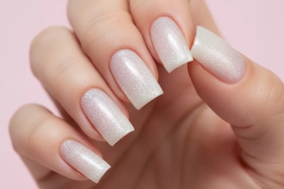 Unhas quadradas com verniz rosa claro e branco com brilho