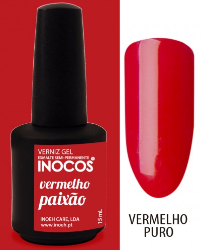 Frasco de verniz gel vermelho paixão com amostra de cor vermelho puro