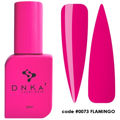 Frasco de esmalte rosa DNKA com código #0073 FLAMINGO e amostras da cor.