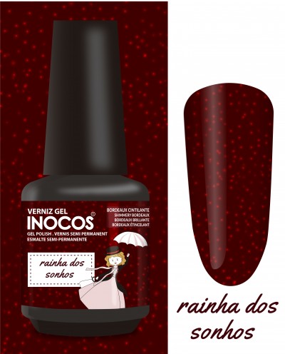 Frasco de verniz gel Inocos Bordeaux cintilante com ilustração de rainha e amostra de cor.