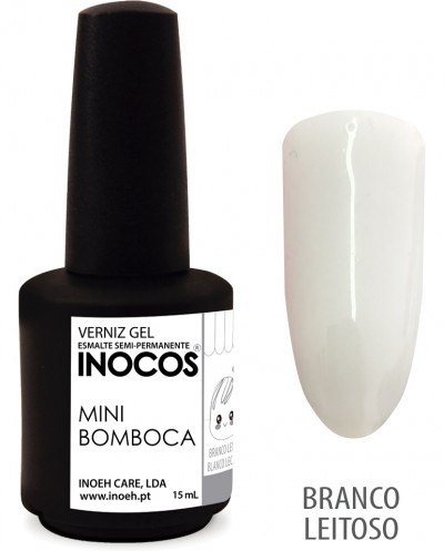 Frasco preto fosco de verniz gel INOCOS Mini Bomboca 15ml com amostra de cor branco leitoso