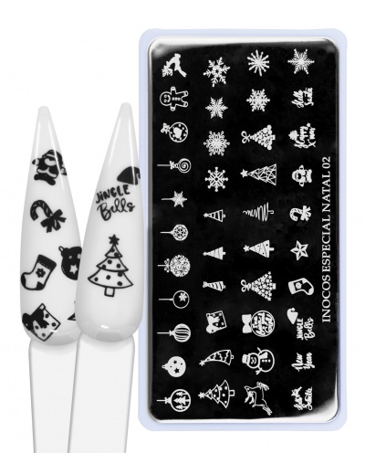 Carimbos de unhas com desenhos e texto natalícios em preto e branco