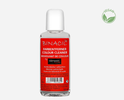 Frasco pequeno transparente com líquido claro e rótulo vermelho com texto BINACIL Colour Cleaner e selo VEGAN