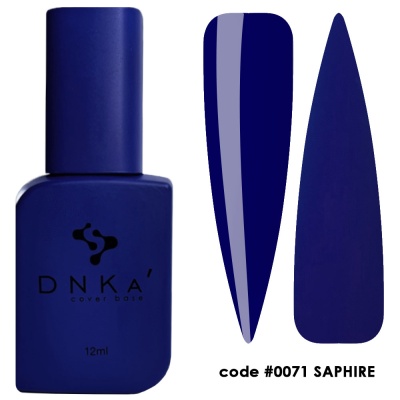 Frasco de verniz para unhas DNKA' azul escuro com amostras da cor SAPHIRE.