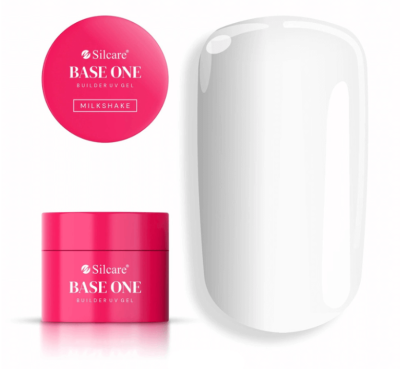 Gel UV para unhas Silcare BASE ONE Builder UV Gel na cor Milkshake, embalagem rosa e amostra de unha branca