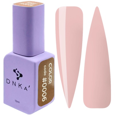 Verniz para unhas DNKA' lilás com etiqueta Color Code #0006 e amostras de cor rosada