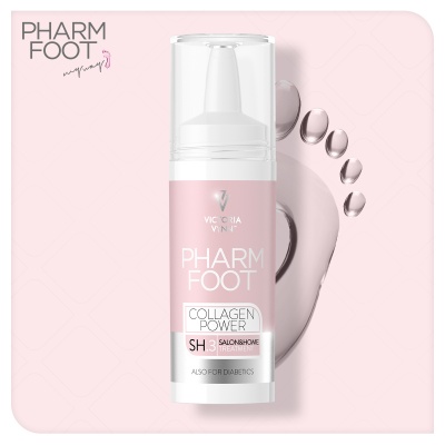 Produto PHARM FOOT Collagen Power em embalagem com rótulo rosa e branco, imagem de pegada e gotas