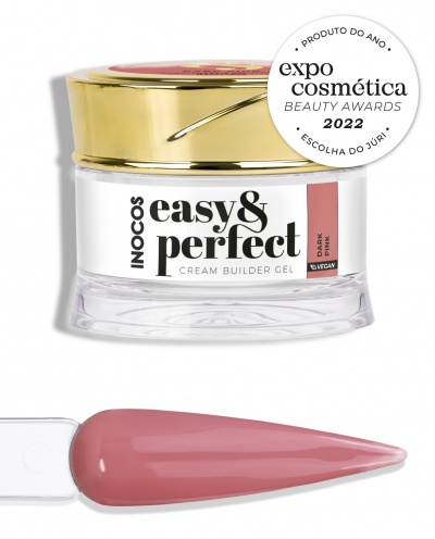 Frasco de gel creme para unhas Inocos Easy & Perfect Dark Pink com selo de prémio e amostra do produto