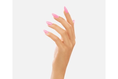 Mão feminina com unhas artifíciais rosa brilhantes