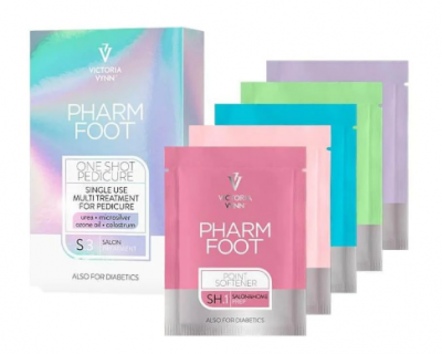 Conjunto PHARM FOOT VICTORIA VYNN com embalagem iridescente e cinco saquetas coloridas para pedicure