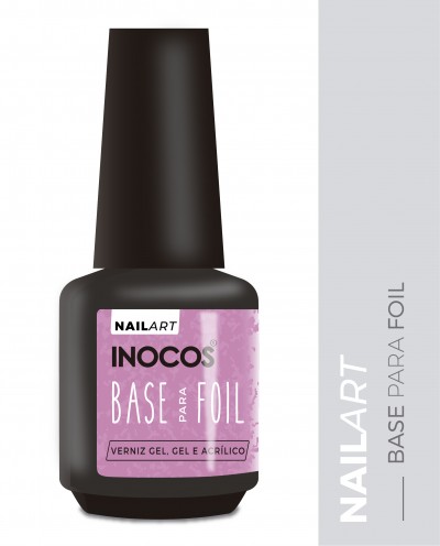 Frasco preto fosco de verniz gel para unhas Inocos com rótulo rosa e texto branco e preto