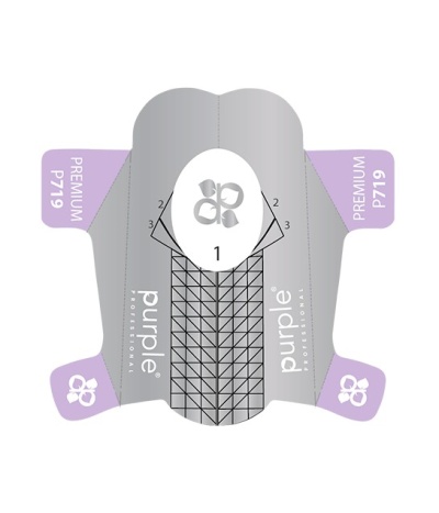Molde para aplicação em unhas em cinza e lilás com texto e gráficos